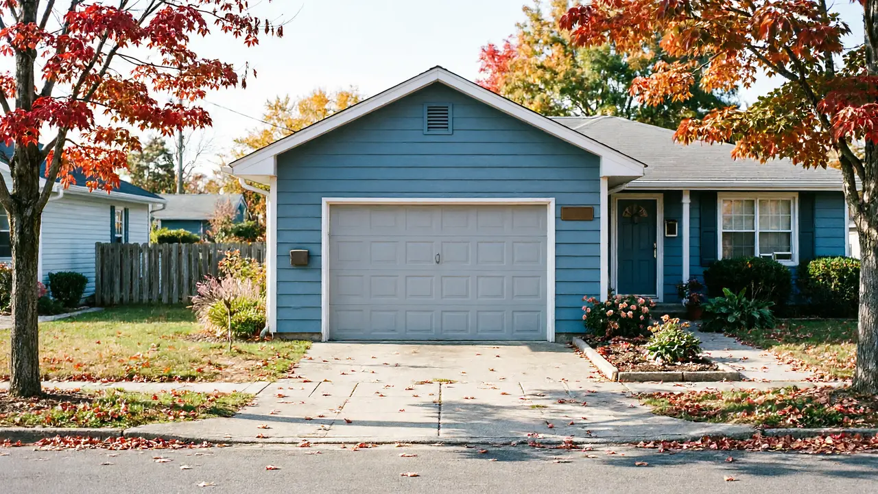 A blue house with a gray garage door and red autumn leaves on the trees.