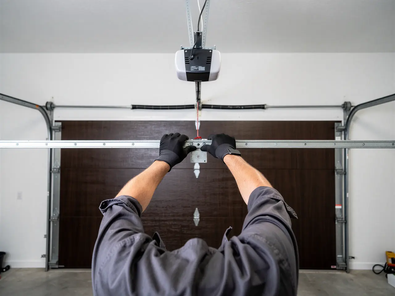 A technician installs a garage door opener rail above a dark brown garage door.