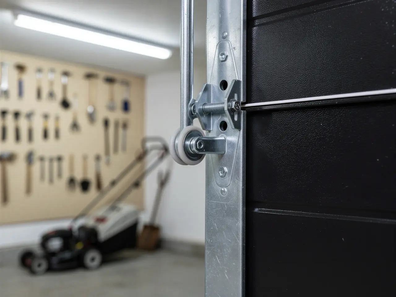 A garage door roller and track are visible with a black garage door.